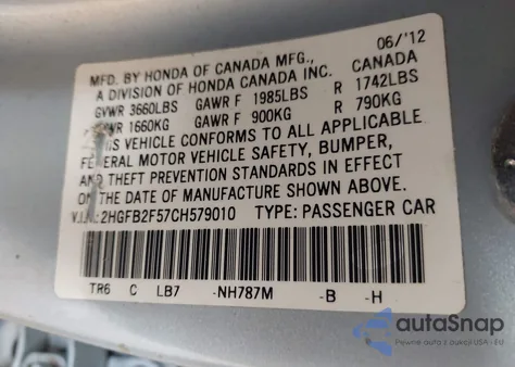 2012 Honda Civic Lx из США, поврежденный, VIN 2HGFB2F57CH579010